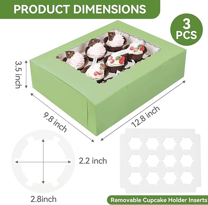 3-Set Cupcake Boxes Bulk with Clear Display Window Hold 12 Standard Cupcakes, Disposable Food Grade Green Cupcake Carrier Cupcake Container, Perfect for Cupcakes Muffins Cookies Pastries