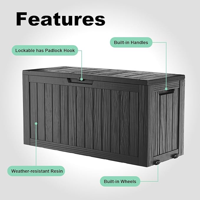90 Gallon Outdoor Waterproof Resin Storage Deck Box Lockable Outside Bench UV Resistant Bin Patio Porch Furniture Pool Float Garden Tool Cushion Black