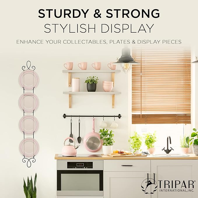 TRIPAR Augusta 4 Tier Vertical Black Plate Rack for Collectible Plates, Plaques, Dishes, & China