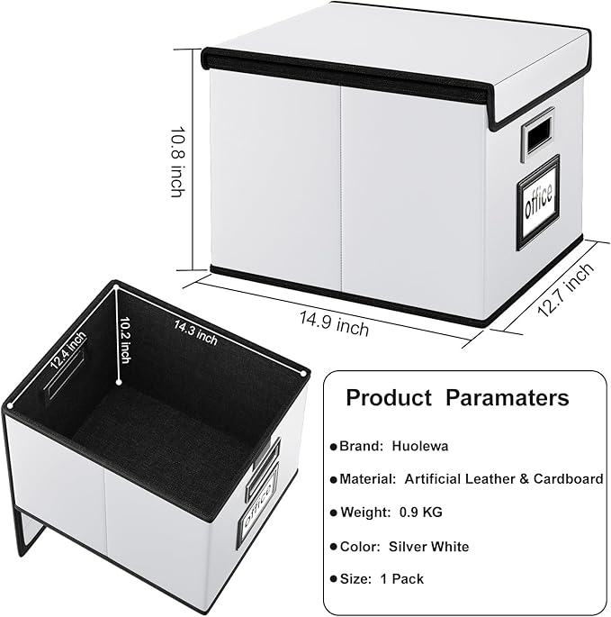 Huolewa File Organizer Box with Lid, Collapsible Faux Leather Hanging File Folder Box Organizer with Plastic Slides, Decorative Home/Office Filing System Boxes for File and Folders Storage