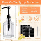 BIGIVACA 4 Pack Coffee Syrup Dispenser 16 oz,Clear Glass Syrup Bottle with 1/4oz Capacity Pump,Syrup Dispenser for Coffee Bar with Plastic Pump