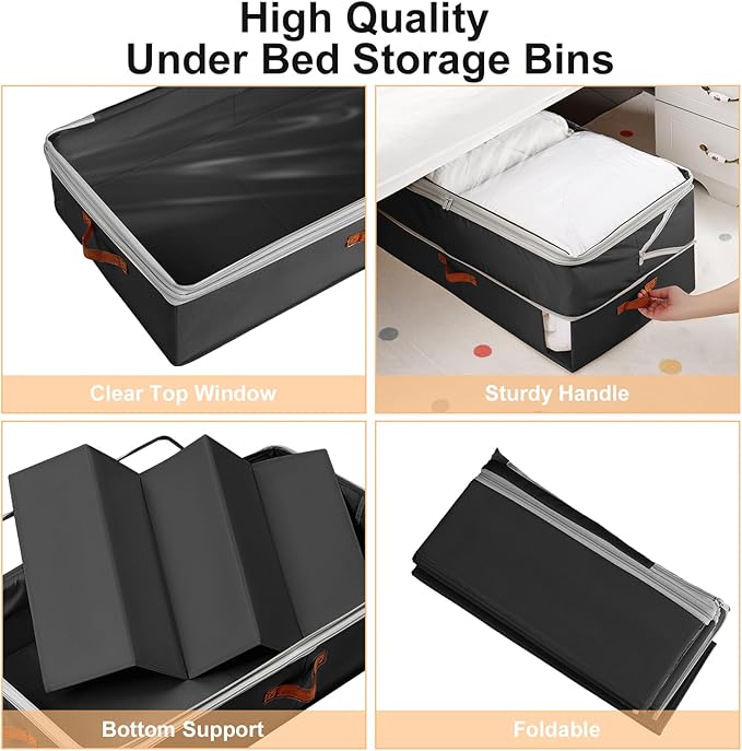Under Bed Storage Bins - 98L Height-adjustable Under Bed Storage Containers, Compression Blanket Storage Comforter Storage Sweater Storage, Clothes Storage Bins With Clear Window, 3 Pack Beige
