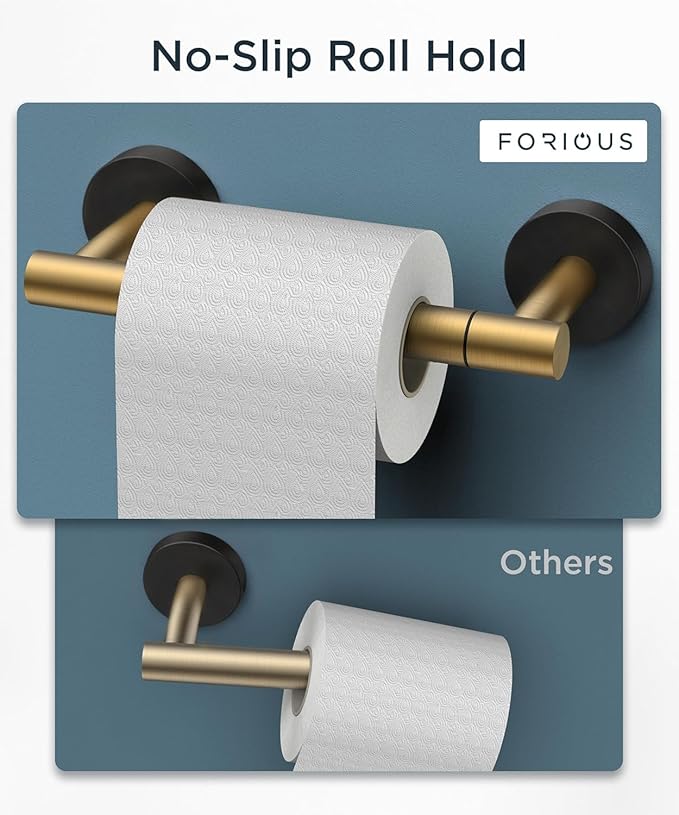 FORIOUS Toilet Paper Holder Wall Mount, Stainless Steel Rustproof Double Post Pivoting Tissue Roll Holder for Bathroom, Commercial Toilet Paper Dispenser, Brushed Gold & Matte Black