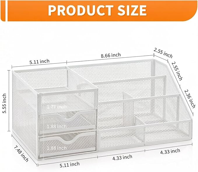 Lavatino Mesh Desk Organizer with 6 Compartments & 2 Drawers, Larger Multi-functional Desktop and Workspace Accessories Organizer for Office, Classroom, Dorm Supplies (White)