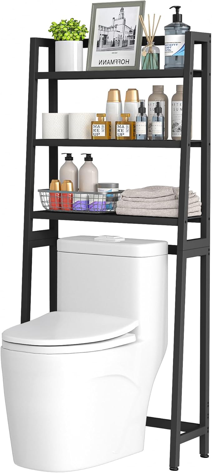 VASMIA Over The Toilet Storage,Bamboo 3-Tier Bathroom Organizer Over Toilet Storage Cabinet,Freestanding Space Saver with 3 Hooks Black