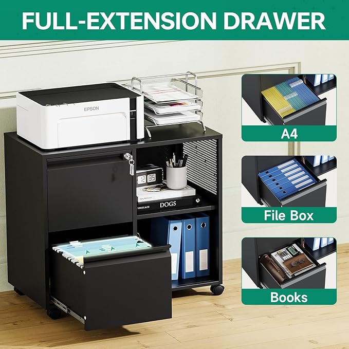 Letaya Mobile File Cabinet, Metal Lateral Rolling Printer Stand Filing Cabinets with Shelves for Home Office-Storage A4/F4 (Black)