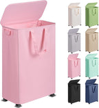 Slim Laundry Hamper with Lid and Wheels, Small Rolling Laundry Basket with Handle for Small Spaces, Tall Dirty Clothes Hampers for Dorm, Bathroom and Bedroom, 75L, Pink