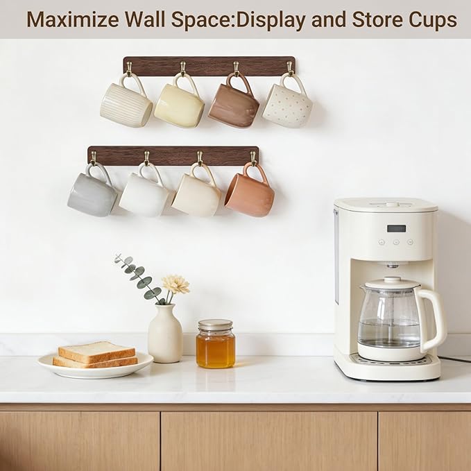 Mkono Coffee Mug Holder Wall Mounted Rustic Coffee Mug Rack with 8 Hooks Metal Display Shelf Wooden Tea Cup Organizer Hanger for Kitchen Dining Room Cabinet Coffee Bar,Set of 2