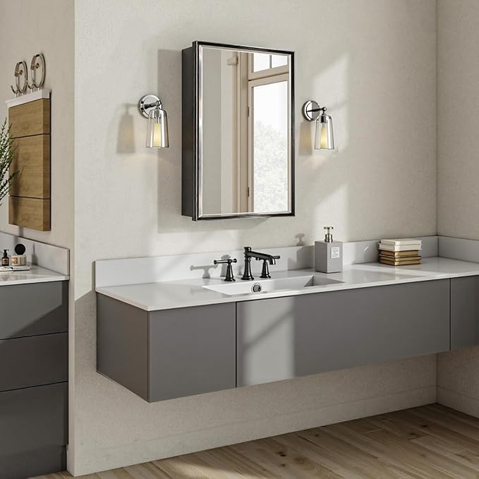 16x24 Pre-Assembled Black Medicine Cabinet with Mirror, Surface or Recessed Medicine Cabinet Mirror for Bathroom, Aluminum Beveled Frame Bathroom Vanity Mirror with Adjustable Shelves Storage