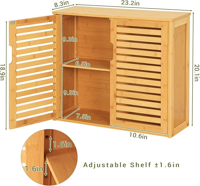 VIAGDO Wall Cabinet Bathroom Storage Cabinet Wall Mounted with Adjustable Shelves Inside, Double Door Medicine Cabinet, Utility Cabinet Organizer Over Toilet, Bamboo, 23.2''Lx8.1''Wx20.4''H