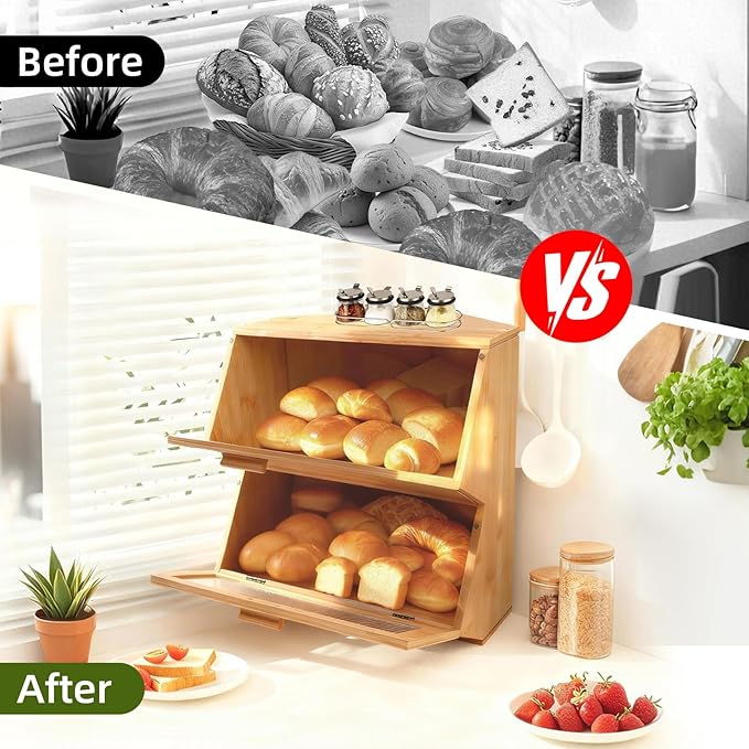 Double Corner Bread Box Storage for Kitchen Countertop. Extra Large Bamboo Bread Boxes. Double Layer Bread Bin for Kitchen Countertop Cabinet.
