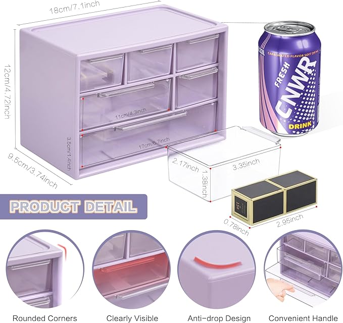 Desk Storage Organizer with 6 Mini Drawers, FODIENS Stackable Desktop Craft Drawer Cabinet, Clear Storage Box Caddy for Makeup Jewelry Office Craft Supplies (Purple)