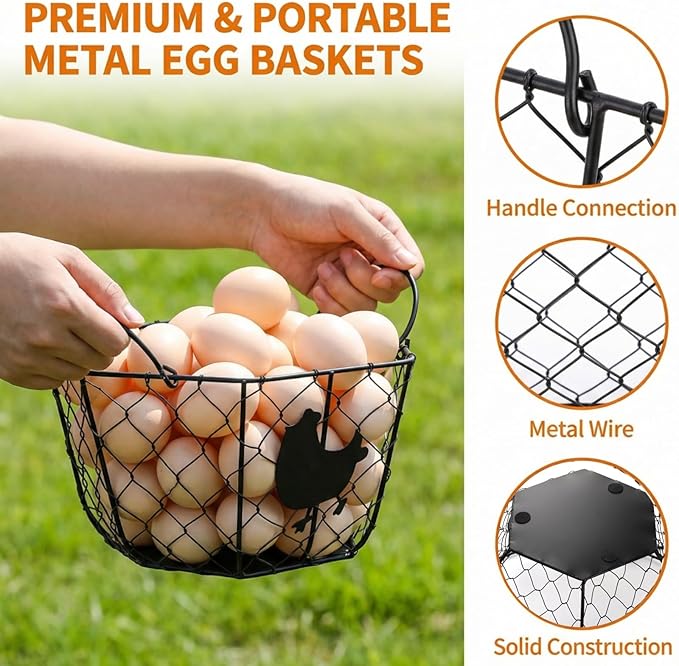 Goaste 2 Pack Metal Wire Egg Baskets, 9.5 Inch Chicken Egg Collecting Basket with Handle, Round Eggs Storage Container for Gathering Fresh Eggs, Vintage Black Wire Egg Holder for Easter Kitchen Home