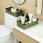 Green Toilet Basket Tank Topper for Bathroom Organizers & Storage, Paper Rope Imitation Wicker Toilet Paper Holder Basket with Handles for Desk, Countertop, Boho Coastal Bathroom Decor 2 PCS