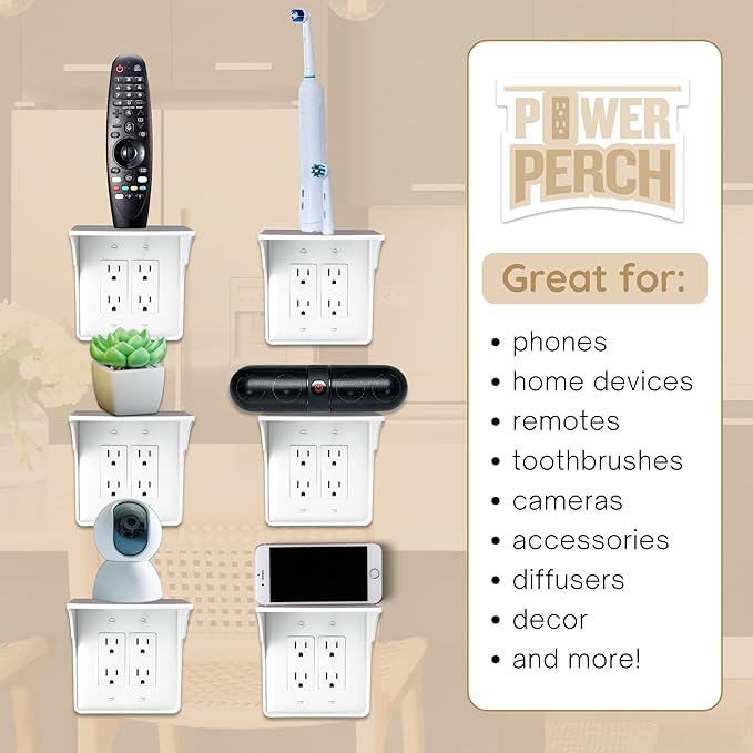 Power Perch Double Wall Outlet Shelf with Cord Storage Strap - Declutter & Reclaim Bathroom Counter Space - Alexa Stand, Apple Homepod Shelf, Toothbrush Holders Wall Mounted - White, 2-Pack