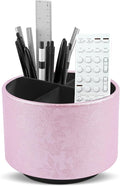 lizimandu Round Leather Art Supply Organizer,Remote Control Holder,360 Degree Spinning,Multi-Functional Pencil Holder,4 Compartments Desktop Stationary Organizer(1-Liuli Pink)