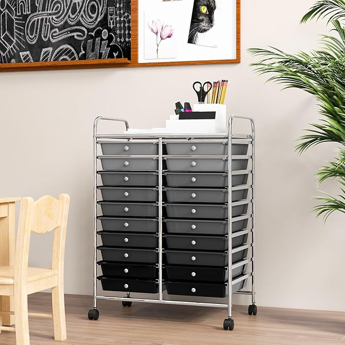 GOFLAME 20-Drawer Rolling Storage Cart, Multifunctional Art Craft Organizer Cart, Mobile Utility Storage Cart with Removable Drawers & Lockable Wheels, Craft Cart for Home Office School, Grey Gradient