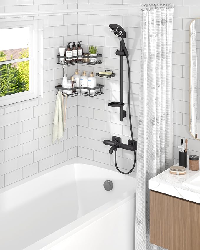 Corner Shower Caddy - 3-Pack Shower Organizer with Soap Holder & Built-In Hooks, Rustproof Metal Shower Shelves, Laundry, Kitchen, Bathroom Organizers and Storage Solution, Large, Black
