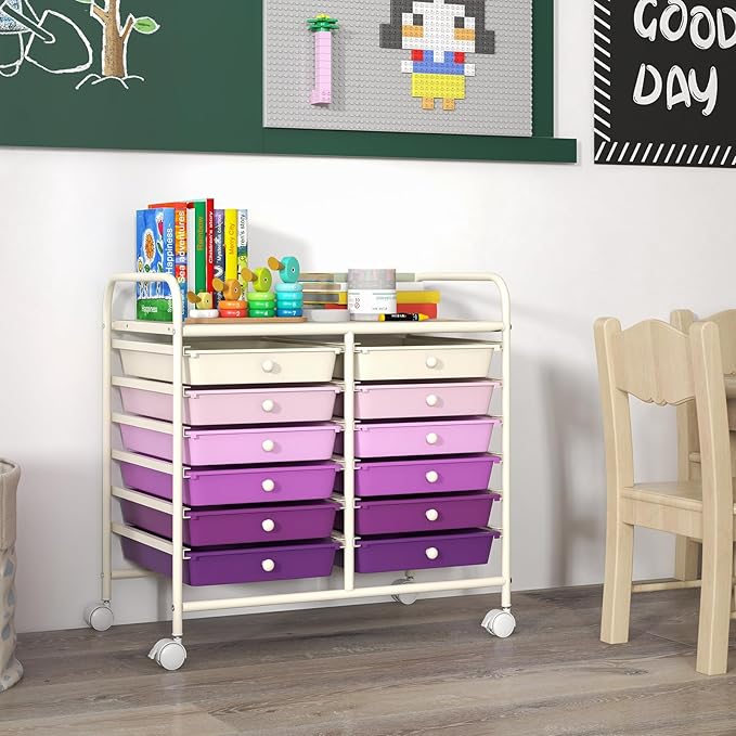 GOFLAME 12-Drawer Rolling Storage Cart, Multifunctional Art Craft Organizer Cart, Mobile Utility Storage Cart with Removable Drawers & Lockable Wheels, Craft Cart for Home Office, Purple Gradient