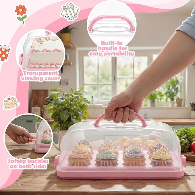 14.7 x 10.9 x 5.9 Inch Rectangle Cake Carrier with Lid and Handle Includes Cupcake Pie Holders Large Waterproof Portable Insulated Bag Pink Cake Carrier with Insert for Secure Dessert Delivery
