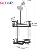 SWTYMIKI Bathroom Shower Caddy Hanging - Extended Length 2 Tier Rustproof Over Shower Head Organizer, No Drilling Bathroom Shelf with 14 Hooks & Soap Holder, Anti-Swing Rack, Black, Medium