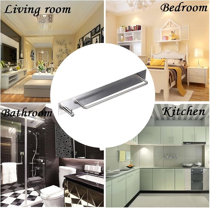 Sumnacon Towel Bar Rack with Hook, 13.38 Inch 3M Self Adhesive Stainless Steel Towel Holder Organizer for Bathroom Kitchen Bedroom, Brushed Finish (Towel Rack with Hook)