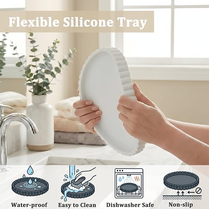 Silicone Bathroom Vanity Tray, Modern Round Decorative Tray for Countertop, Waterproof & Unbreakable Cosmetic Perfume Organizer, Extra-Thick & Sturdy, Easy to Clean Candle Tray (White, 10 inch)