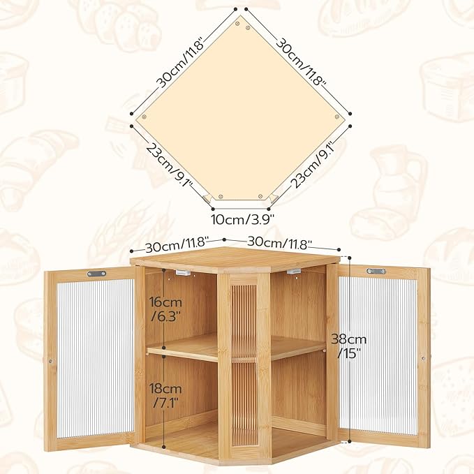 HOOBRO Bamboo Bread Box, Kitchen Countertop Corner Bread Box, Large Capacity 2-Tier Bread Container, Bread Storage Container with Dual Rippled Acrylic Doors, for Kitchen Food Storage, Natural YL12MB01