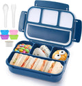 QQKO Bento Box Adult Lunch Box, Lunch Containers for Adults Men Women, Kids Lunch Boxes for School with 4 Compartments, Sauce Container, Utensils and Muffin Cups, Navy