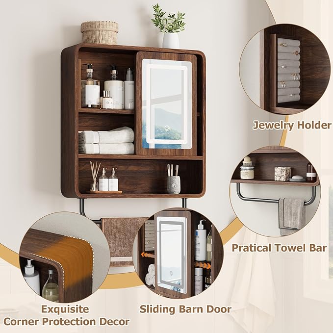 QUW Modern Bathroom Wall Cabinet, Medicine Cabinets with Mirror, Over The Toilet Storage Cabinet for Bathroom, Towel Bar, Sliding Door, 3 Lighting Modes, Adjustable Brightness, Dark Walnut