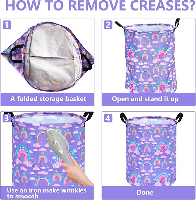 Purple Rainbow 19.7 Inch Round Laundry Clothes Hamper Laundry Basket with Handles,Storage Organizer Bins Laundry Gift Basket for Room, Bedroom Decor