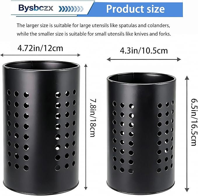 2PCS Stainless Steel Kitchen Utensil Holder, Utensil Caddy & Organizer for Drying Cooking Spoons Utility Sturdy Home Kitchen Daily Use Utensil Drainer (BLack)