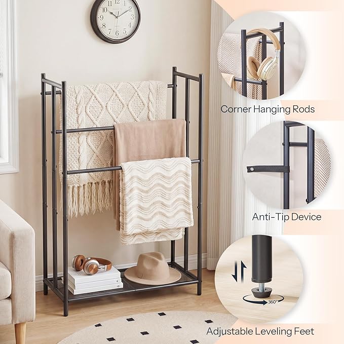 HOOBRO Free Standing Towel Rack for Bathroom, 25.2" L x 11.4" W x 39.4" H, 3-Tier Blanket Rack Stand with Bottom Mesh, Freestanding Quilt Stand with Adjustable Feet, Industrial Style, Black BK09LB01