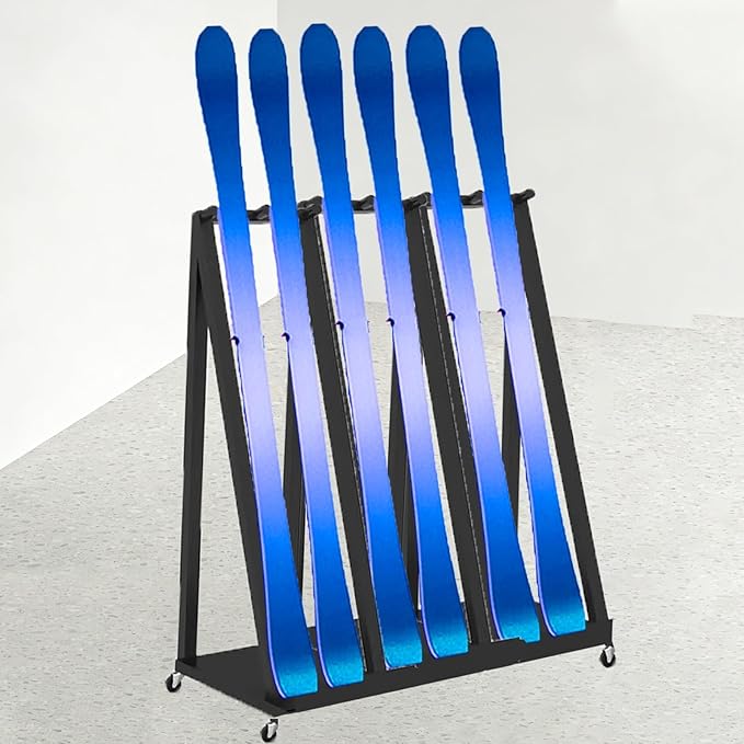 Indoor Ski Storage Rack Vertical, 1 2 3 4 5 6 Pair Ski Display Stand for Carrier/Organizer/Storage, Floor Standing Longboard Holders with Wheels(Hold 3 pair ski)
