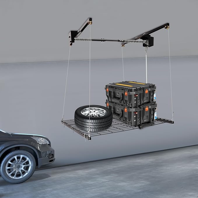 Overhead Garage Storage Rack Metal Garage Ceiling Storage Rack Ceiling Shelf Overhead Organization 300lbs Load Bearing Capacity Max Adjustable Height: 79in (48 * 48in L*W, Satin Black)