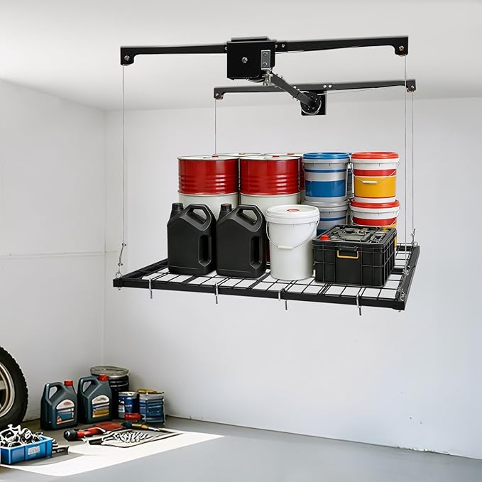 Overhead Garage Storage Rack, Heavy-Duty Ceiling Mounted Lift System and Storage Organizer, Heavy Duty Metal Overhead Storage Organizer System for Maximizing Overhead Space