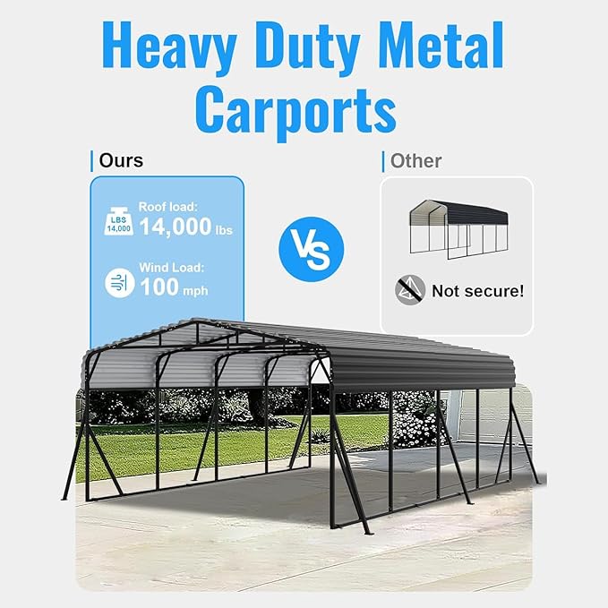 20X20FT Heavy Duty Carport, Metal Carport with Reinforced Frame & Side Support Poles for All-Weather, Large Outdoor Car Port Suitable for Parking Pickup, Boat, Car, and Tractor