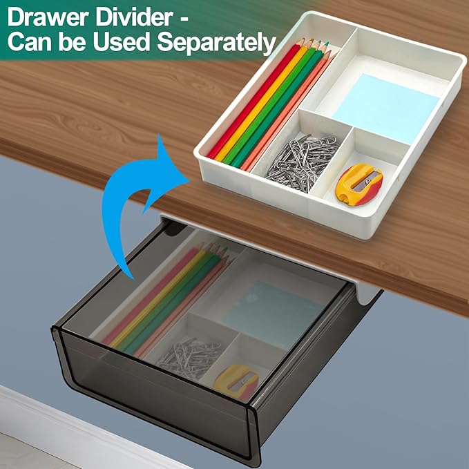 Under Desk Table Drawer Storage Organizer, Slide Out Drawer with 4 Compartments Divider,Pencil Storage Self-Adhesive Tray Under Table (M/Clear Black+White)