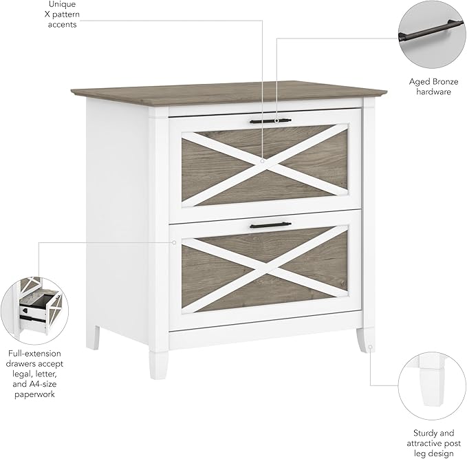 Bush Home Key West 2 Drawer Lateral File Cabinet in Pure White and Shiplap Gray, Document Storage for Home Office, Accent Chest with Drawers