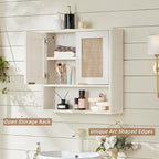 LEYAOYAO Rattan Bathroom Wall Cabinet, Boho Medicine Cabinet with Adjustable Shelve & Doors, Over The Toilet Storage Cabinets Organizer for Laundry Room, Kitchen, Living Room, White
