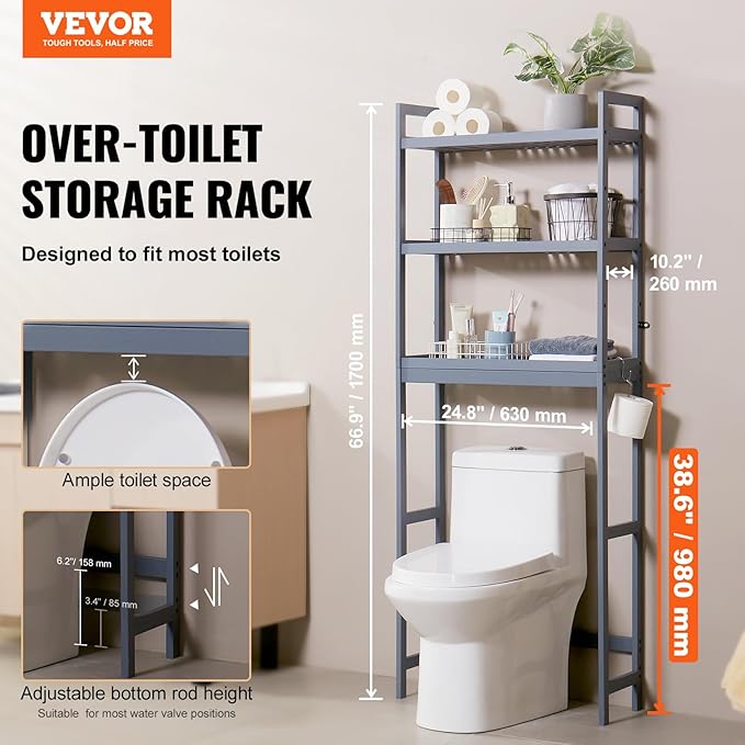 VEVOR Over The Toilet Storage, 3-Tier Adjustable Over Toilet Bathroom Organizer, Bamboo Storage Shelf Rack with 3 Hooks, Freestanding Easy Assembly Laundry Space Saver, Fit Most Toilets, White