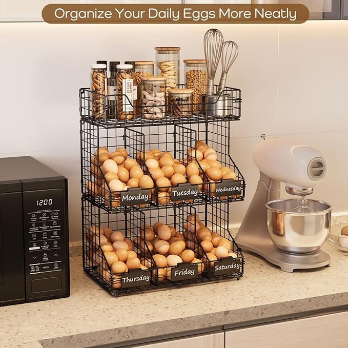 X-cosrack Egg Holder Countertop, 3 Tier Egg Rack with Labels Dividers to Separate Eggs, Stackable Wire Baskets for Fresh Egg, XXL Egg Dispenser for Countertop/Wall-Mounted (Patent Pending)