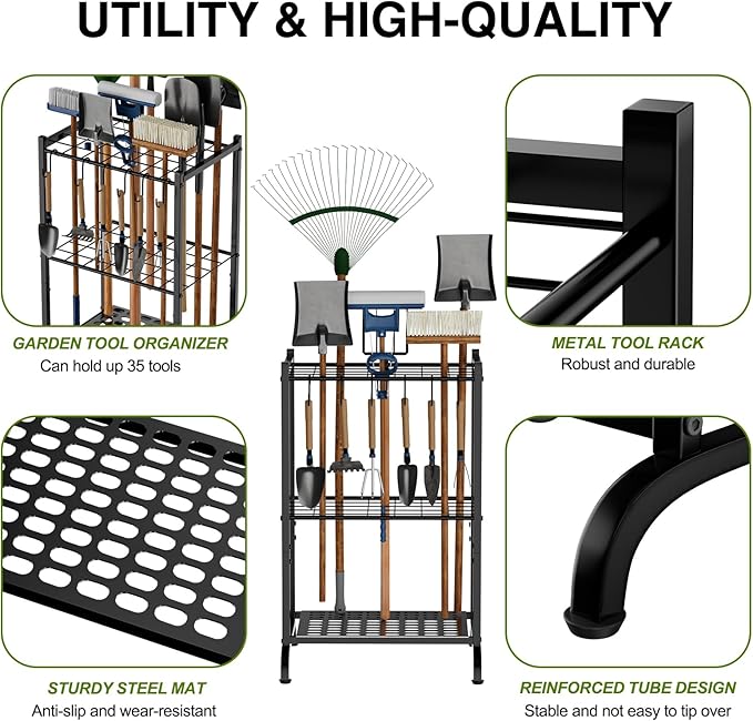 Garden Tool Organizer with Storage Hooks, Yard Tool Tower Rack for Garage Organization and Storage, Up to 35 Long-Handled Tools, Metal Tool Holder with 6 Hooks, Black