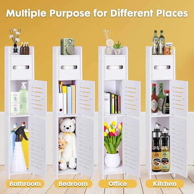 LuiceABC Toilet Paper Holder Stand, Over The Toilet Storage Cabinet for Bathroom, Slim Corner Shelf for Small Space Storage, Small Bathroom Storage Cabinet with Doors - White