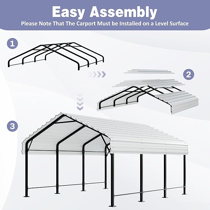 JY QAQA 12 x 15 FT Metal Carport Kits with Galvanized Steel Roof, Heavy Duty Metal Carport Canopy, Outdoor Car Tent Garage Shelter for Car, SUV, Truck and Boats, White