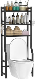 3 Tier Over The Toilet Storage Rack with Toilet Paper Holder, Metal Freestanding Bathroom Shelves with 4 Hooks, Over Toilet Storage Shelf for Bathroom Storage, Black