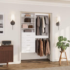ROOMTEC Modular Closet System, 49" Wall-Mounted Closet Organizer with Drawers and Hanging Rods, Wooden Tower for Walk-In Closets, Wardrobe Storage Kit, White