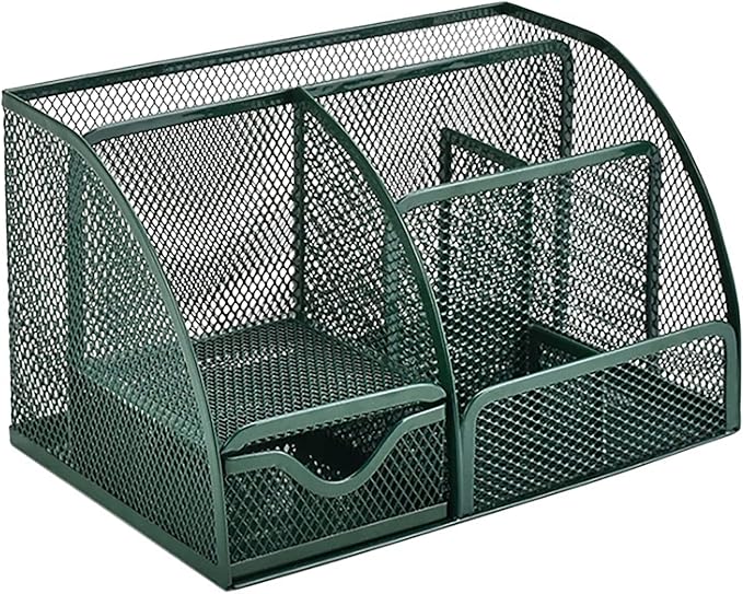 VANRA Office Supply Caddy Metal Mesh Desktop Supplies Organizer School Supply Holder Stuff Storage Organizer 6 Compartments with Drawer (Olive Green)