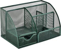 VANRA Office Supply Caddy Metal Mesh Desktop Supplies Organizer School Supply Holder Stuff Storage Organizer 6 Compartments with Drawer (Olive Green)