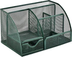 VANRA Office Supply Caddy Metal Mesh Desktop Supplies Organizer School Supply Holder Stuff Storage Organizer 6 Compartments with Drawer (Olive Green)